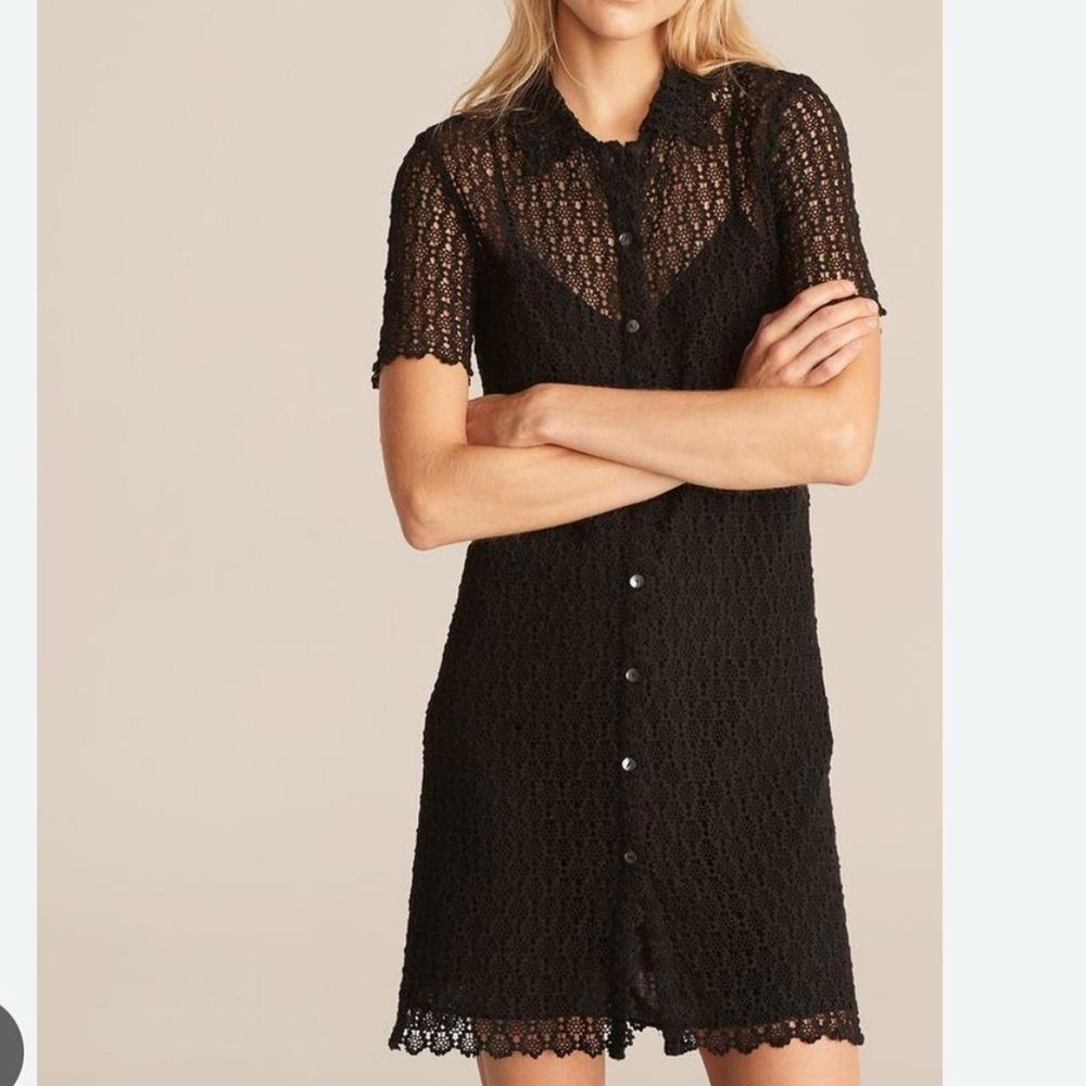 Rebecca Taylor Black Cotton Embroidered Lace Short Sleeve Collared Shirt Dress